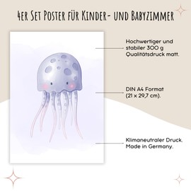 møij Pictures for Baby Room, Children's Room, Set of 4, A4 Posters without Picture Frame, Sea Creatures Purple, Decorative Girls and Boys