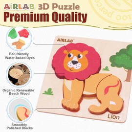 Airlab Wooden Puzzles for Toddlers Over 1 2 3+ Year Old Baby Infant Chunky Animals Shape Jigsaw Educational Preschool Learning Gift Kids Montessori Early Development Activity Toys with Drawstring Bag