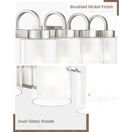 TENGXIN 4-Light Bathroom Light Fixtures, Brushed Nickel Vanity Lights Over Mirror, Farmhouse Wall Sconces with Dual Glass Shade, Modern Wall Lamp for Bathroom Hallway Living Room Cabinet,TXVLBN03