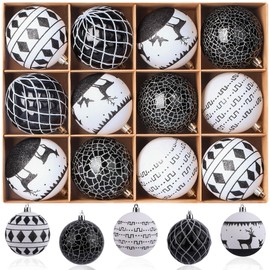SHareconn 80mm Christmas Balls Ornaments,12PCS Colored Shatterproof Plastic Decorative Hanging Tree Decorations Baubles Set for Xmas Tree Holiday Party Wedding Decoration with Lanyard,Black&White