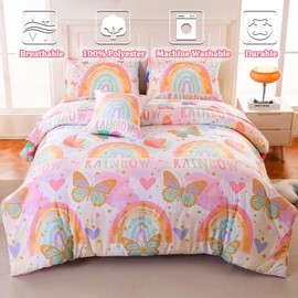 Tasselily Rainbow Twin Bedding Sets for Girls,Butterfly Twin Comforter Set with Sheets for Girls,6 Pcs Love Hearts Girls Twin Bed Sets for Kids