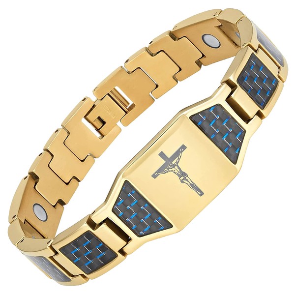 EnerMagiX Magnetic Bracelet for Men Gift Ideal Blue Cross Carbon Fibre Stainless Steel Bracelet Adjustable Size (Gold)
