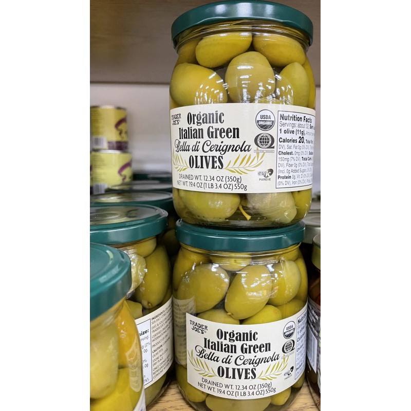 TRADER JOE'S ORGANIC ITALIAN GREEN OLIVES 2 PACKS EACH NET