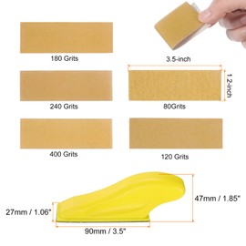 sourcing map 100pcs Detail Sander Paper Kit 80/120/180/240/400 Grits 3.5" x 1.2" Micro Mini Hand Sanding Papers Sheets Wet Dry Sandpapers with 1pcs Hook & Loop Finger Sanding Block Tool