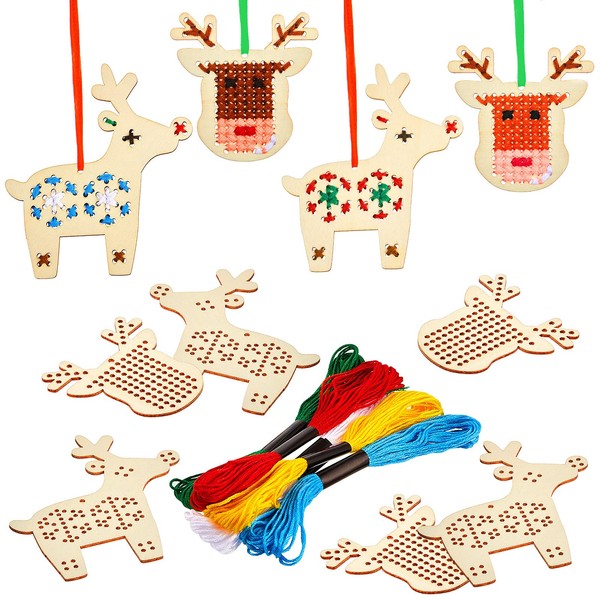 10 Pieces Christmas Wooden Cross Stitch Kits Reindeer Cross Stitch Wooden Christmas Tree Ornaments Christmas Hanging Decorations Crafts Christmas Decoration for Christmas Tree Decoration