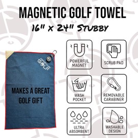 Multi-Function Magnetic Golf Towel with Wash Pocket, Magna-Anchor Technology, Waffle Pattern, Ball Scrubber – Perfect Golf Gift for Men & Women (16" x 24", Blue, with Magnet)
