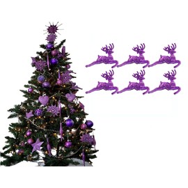 Pack of 6 - Hanging Glitter Reindeer Christmas Tree Decorations - 2.2cm x 9.5cm (Lilac)