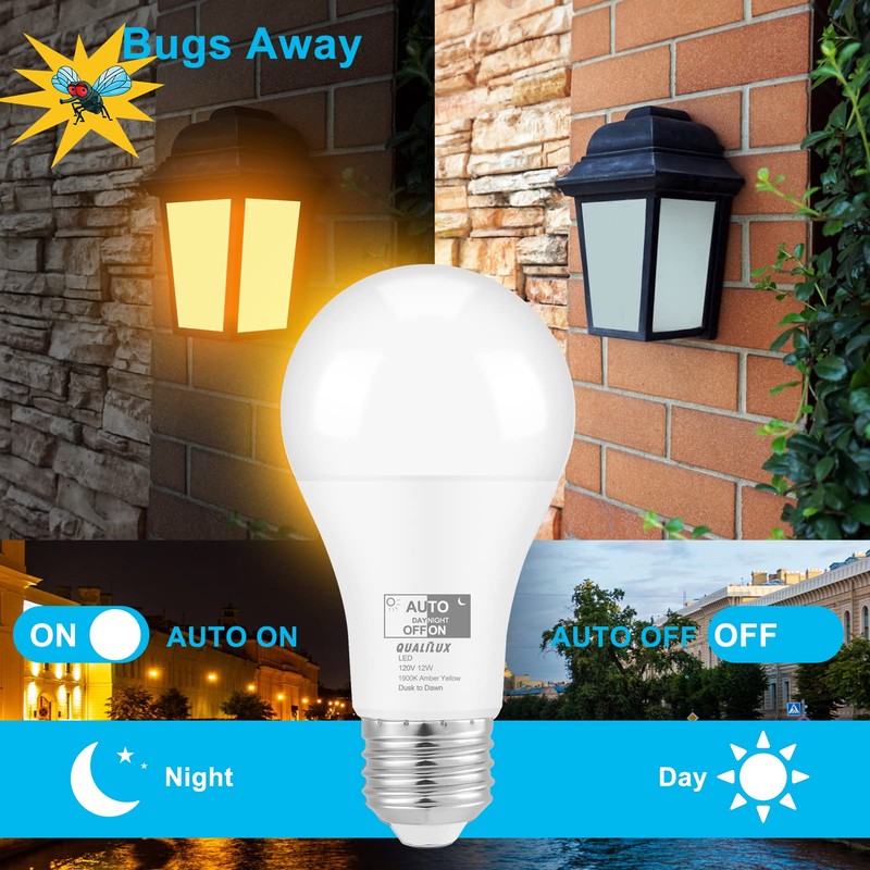 Qualilux Dusk to Dawn Bug Light Bulbs Outdoor, 1900K Amber