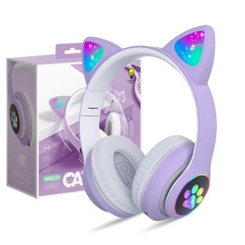 Bluetooth kopfhörer Kinder,Mädchen Katzenohr Kopfhörer Over-Ear mit LED-licht Faltbare Stereo Kopfhörer Bluetooth,Kabellose Kopfhörer Kinder mit Mikrofon,Micro SD/TF,für Tablet/Handy/PC (Lila)
