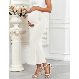 AISWI 2024 - Falda larga de punto acanalado con cintura ajustable para maternidad sobre el vientre, Sirena, Blanca, Large