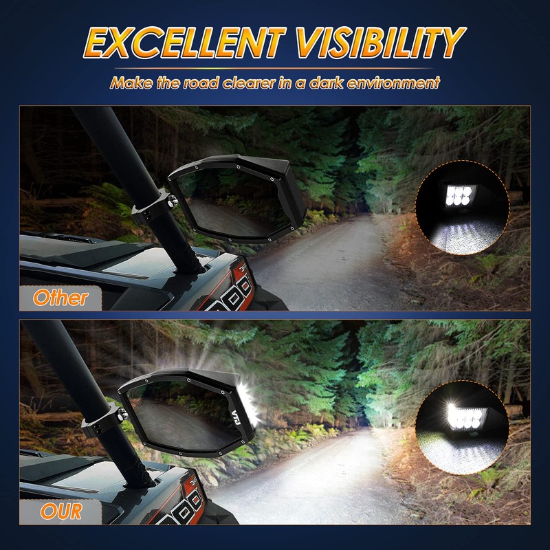 UTV Side View Mirrors with LED Lights, Roador Lighted Rearview