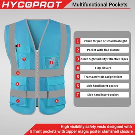 HYCOPROT High Visibility Safety Reflective Vest with Pockets and Zipper, Meets ANSI/ISEA Standards