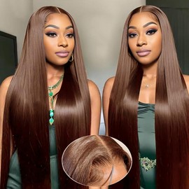FTQZKEY Brown Glueless Wigs Human Hair Pre Plucked Pre Cut 30 Inch 7x5 HD Lace Closure 220 Density Colored Straight Wigs for Beginners Chocolate Brown Glueless Wigs Human Hair