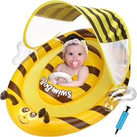 Baby Float with Roof Foot Float, Cute Bee, UV Protection, SPF 50+ Sunscreen, Removable Sunshade, Baby Float, Pool, Suitable for Children 3 Months - 6 Years Old (Yellow)