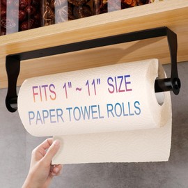 GOWODOOO Paper Towel Holder Under cabinets,Wall Mount Paper Towels Holder for Kitchen Under Counter,Heavy Duty Hanging Paper Towel Rolls Holder Inside Cabinet Door. (Black, Large)
