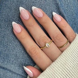 SXVME Uñas postizas francesas cortas almendradas blancas con pegamento para mujer. Uñas postizas francesas naturales en 15 tamaños. Kit de 30 uñas pos