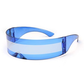 PLOPLO Futuristic Cyclops Monoblock Shield Mirrored Sunglasses (Blue, Silver)