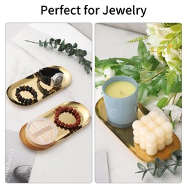 2Pack Gold Decorative Trays Bathroom Vanity Tray for Dresser Counter, Stainless Steel Jewelry Dish Cosmetics Organizer, Perfume Ring Key Candle Organizer Tray, Oval, Gold