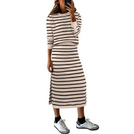 ANRABESS Women 2 Piece Outfits Striped Sweater Skirt Sets 2024 Fall Casual Long Sleeve Pullover Top Lounge Travel Midi Dress Beige Black Medium