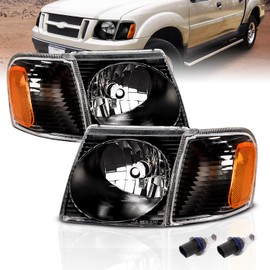 AmeriLite for 2001-2005 Ford Explorer Sport/Sport Trac Crystal Black Replacement Headlights w/Corner Lamp Aseembly Pair - Passenger and Driver Side