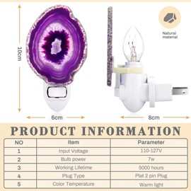 Agate Night Light Agate Slice Light Crystal Nightlight Plug into Wall with Switch Home Decor Hallway Lights, Nightlight for Toilet Kitchen Bedroom (Purple)