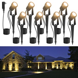 85.3FT LED Outdoor Landscape Spot Light Low Voltage, 24W Wired Uplight with Transformer, IP65 Waterproof Outside Plug-in lighting for Garden House Yard Tree Pathway, Warm White 3000K, Pack of 8