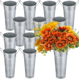 Chumia 12 Pcs Galvanized Flower Bucket 9 Inch Metal Vase Farmhouse Rustic French Flower Bucket with Handles for Home Floral Centerpiece Container Wedding Table Decor(Matte Silver)
