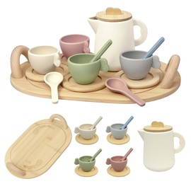BOMOKS Wooden Tea Set for Toddlers 3-5, 15 Piece Tea Party Set with Teapot, Cups, Spoons and Tray for Girls and Boys, Pretend Play Kids Kitchen Accessories for Ages 3-6