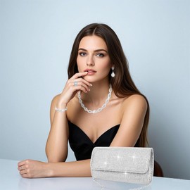 Wecoe 5pcs/set Silver Jewelry Purse Set For Women Clutch Handbags Rhinestone Diamond Earrings Necklaces Bracelets Ring Set Wedding Bridal Homecoming Prom Costume Jewelry Formal Evening Bag Accessories