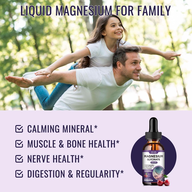 Magnesium Glycinate Liquid Drops 500mg, with Vitamin B6, Ashwagandha, L