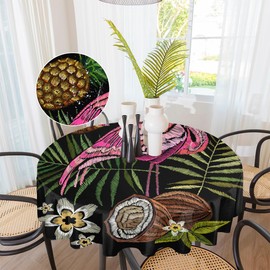 Embroidery Flamingo Palm Tree Leaves Round Tablecloth 60 Inch Circle Table Cloth Waterproof Stain Resistance Table Cloth Round Cover for Dining Kitchen Party Holiday Decor Indoor and Outdoor