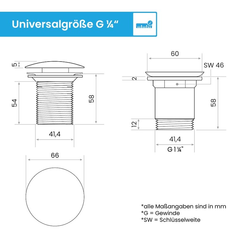 Bächlein Universal Drain Fitting without Overflow (Brushed Stainless Steel) -