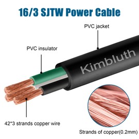 Kimbluth 16 Gauge 3 Conductor Wire SJTW Outdoor Extension Power Cable 100FT, 16/3 Wire Heavy Duty Pure Copper Electrical Wire for Lawn, Battery, Automotive, Outdoors