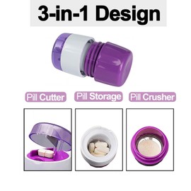 3-in-1 Pill Crusher and Cutter with Storage, BPA-Free Pill Grinder for Fine Powder, Stainless Steel Blade & Grinding Head, Portable Pill Splitter for Elderly, Pets, Travel(Purple)