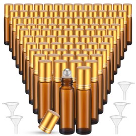 Sumind 150 Pcs Essential Oil Roller Bottles 10 ml Glass Roller Bottles with Stainless Steel Roller Balls Empty Bottles Leak Proof Roll on Bottles with 5 Funnel for Travel Essential Oil (Amber, Gold)