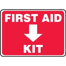 Accuform MFSD958VP Plastic Safety Sign, "First AID KIT (Arrow Down)", 10" Length x 14" Width x 0.055" Thickness, White on Red
