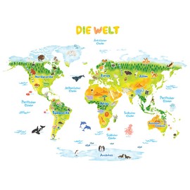 DECOWALL DMT-1715SDE World Map Animal World Map Animals Wall Sticker Living Room Bedroom Children's Room (German Version)