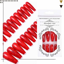 Obmyec Extra Long Coffin Press Nail Red Rose Fake Nails Glossy Flower False Nail Ballerina Punk Party Artificial Nail Valentine’s Day Extension Full Cover Nails for Women and Girls(24Pcs)