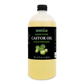 GreenIVe 100% Pure Castor Oil – Cold-Pressed, Hexane-Free – Hair, Eyebrows, Eyelashes, Skin Moisturizer, Castor Pack Wrap Oil Bulk Bottle (32 Fl oz)