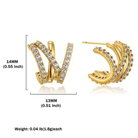 Triple Hoop Illusion Stud Earring for Women – 14K Gold Plated Unique Diamond Huggie Stud Earrings for One Piercing – Faux Multi Hoops Design, Hypoallergenic Fashion Jewelry Earrings