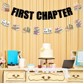 JOYMEMO Storybook First Birthday Decorations - First Chapter Banner Sign and Happy 1st Birthday Banner, Reading Library Book Club Back to School Theme Birthday Party Decor Supplies