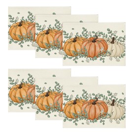Artoid Mode Orange Pumpkin Eucalyptus Fall Placemats Set of 6, 12x18 Inch Seasonal Table Mats for Table Runner Party Kitchen Dining Decoration