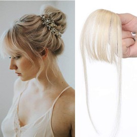 SEGO Fringe Hairpiece Real Hair Fringe Clip On Front Hair One Piece Extension 100% Remy Human Hair Straight Platinum Blonde #60 3 g