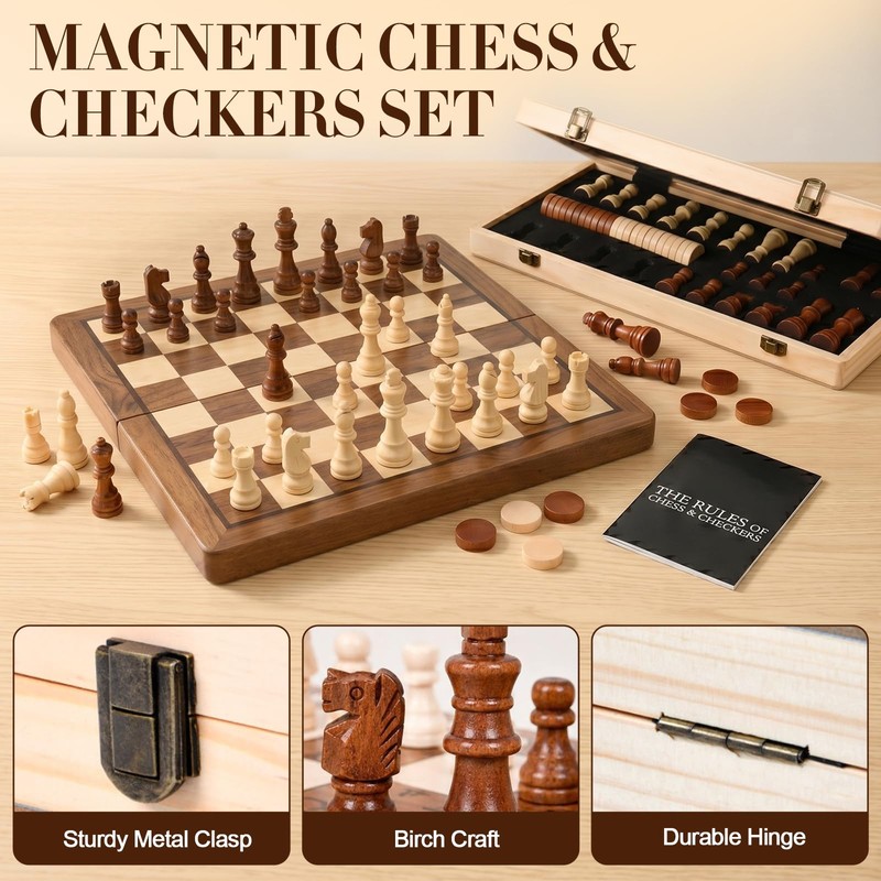 2 in 1 Magnetic Wooden Chess and Checkers Board Game