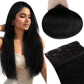 RUNATURE Clip Extensions Real Hair Black 50 cm Long Real Hair Extensions Clip Natural Black Real Hair 3 Pieces 50 g Clip-In Extensions Real Hair Straight Hair Extensions #1B