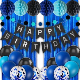Happy Birthday Party Decorations, Banner Balloons Tassel Garland Decor Supplies for Women Girls Teens(Blue and Black)