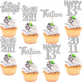 30 piezas de adornos para magdalenas de 13 cumpleaños con purpurina, trece Happy 13th Straight Outta 2011, para saludar hasta 13 años, 13 años, aniversario, decoración de fiesta, suministros de plata