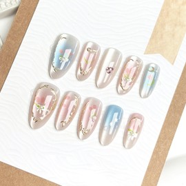 24pcs Pink Press on Nails Short Almond Fake Nails with Pearl Rhinestones Designs Flower False Nails Gold Line Stick on Nails Bow Acrylic Nails Summer Floral Full Cover Glue on Nails for Women