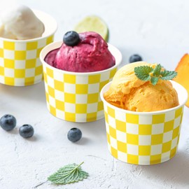 Zopeal 50 Count Checkered Ice Cream Cups Disposable 9 oz Paper Ice Cream Bowls Snack Cups Race Car Birthday Party Supplies Sundae Picnic Dessert Yogurt Bowls Plaid for Food (Yellow)