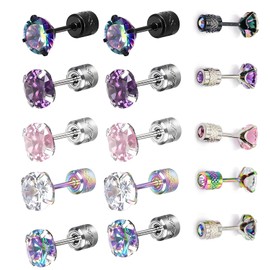 TZMFHD 5 Pair Titanium Earrings, Double-Sided Zirconia Studs for Women and Men, Earrings Studs, Rainbow 5A Cubic Zirconia, Flat Back Surgical Steel Earring for Daily Wear and Special Occasions